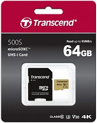   microSD 64GB Transcend microSDC Class 10 UHS-1 U-3, V30, (SD ), MLC TS64GUSD500S