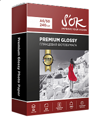 Фотобумага Premium S'OK глянцевая, формат А6, плотность 240г/м2, 50 листов (105 x 148 мм) RC Glossy Premium SA6240050G