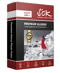 Фотобумага Premium S'OK глянцевая, формат А4, плотность 240г/м2, 20 листов (210 x 297 мм) RC Glossy Premium SA4240020G